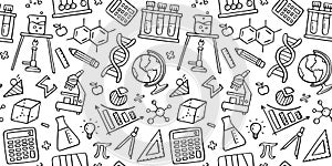 Education doodle seamless pattern. Science line hand drawn elements - mathematics formula, chemistry molecule, dna