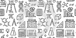 Education doodle seamless pattern. Science line hand drawn elements - mathematics formula, chemistry molecule, dna