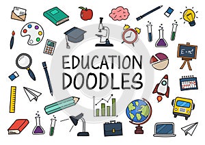 Education doodles color hand drawn icons
