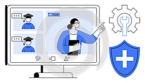 Online Education and Remote Learning Concept with Teacher, Students, and Digital Tools Displayed on Screen