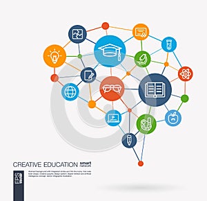 Education, elearning, graduation and school integrated business vector line icon set. Digital mesh smart brain idea
