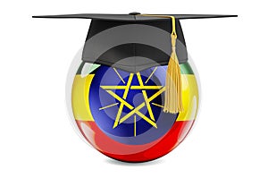 Education in Ethiopia concept. Ethiopian flag with graduation cap, 3D rendering