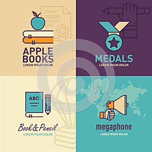 Education flat Icons, apple on books icon, medal icon, book and pencil icon, megaphone icon