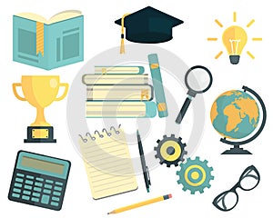 Education flat icons set, school and studying elements. Stock vector illustration.