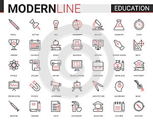 Education flat thin red black line icon vector illustration set with outline infographic school, laboratory or