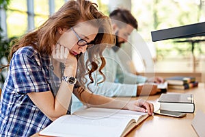 Education friendship people concept. Group of happy students learning together in college library