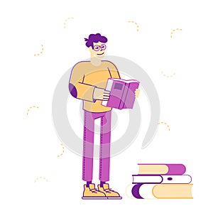 Education Gaining Knowledge Concept. Young Man Student Character Reading Book, Learning Homework photo