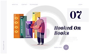 Education, Gaining Knowledge Landing Page Template. Tiny Man Student Character Stand on Bookshelf with Huge Books