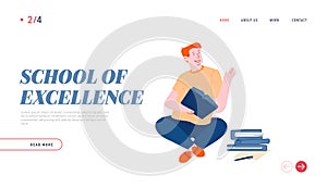 Education and Gaining Knowledge Website Landing Page. Young Man Student Sitting with Books Learning Homework photo