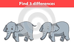 Education game for children find three differences between two elephant animal cartoon