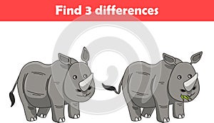 Education game for children find three differences between two rhino animal cartoon