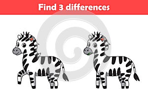 Education game for children find three differences between two zebra animal cartoon
