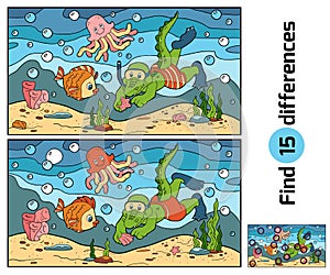 Education game: find differences (crocodile diver, ocean floor)