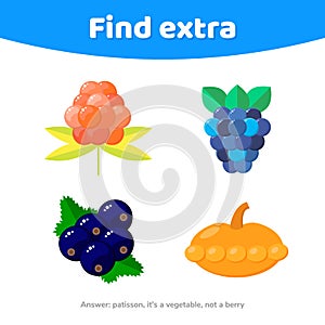 Education game for preschool kids. Find extra object. vegetables and berries, patisson, cloudberries, blackberries, black currants