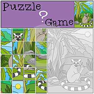 Education game: Puzzle. Little cute lemur with fruit.
