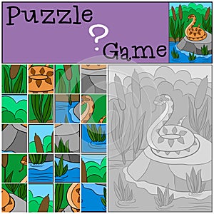 Education game: Puzzle. Little cute viper on the stone