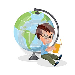 Education, geography, bilingualism concept illustration in flat cartoon design with a cute boy reading a book next to photo