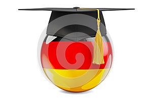 Education in Germany concept. Deutsch flag with graduation cap, 3D rendering