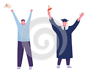 Education, gesture and people concept - happy student in mortar boards. celebrating successful graduation. Vector illustration in