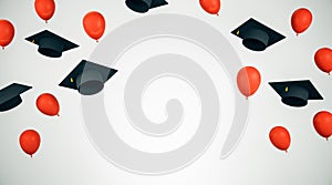 Education and graduation concept with black academic caps and red balloons with space for your logo