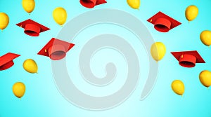 Education and graduation concept with red academic caps and yellow balloons with space for your logo
