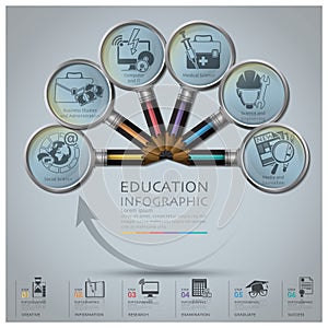 Education And Graduation Infographic With Magnifying Glass Pencil Round Circle Diagram