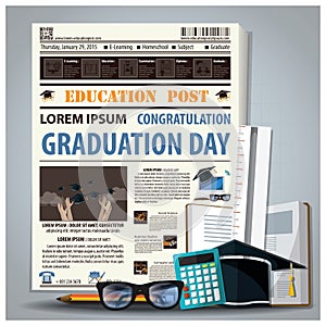 Education And Graduation Newspaper Lay Out With Pencil, Glasses, Stationery