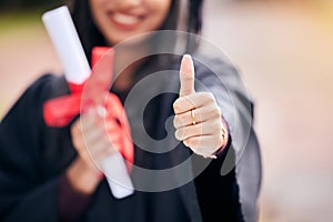 Education, graduation or thumbs up and student with certificate outdoor for celebration, ceremony and success. College
