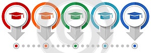 Education, graduation vector icon set, flat design infographic template, set pointer concept icons in 5 color options for