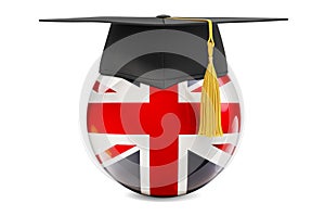 Education in the Great Britain concept. British flag with graduation cap, 3D rendering