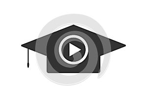 Education hat silhouette. Online courses concept. Play sign and academic hat. Graduation cap and diploma black web icon. vector