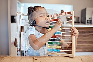 Education, house and child learning math with a colorful child development toy for numbers counting. Headphones