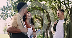 Education, hugging and student friends laughing on university campus together in summer. School, college and greeting