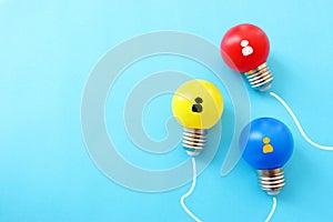 Education and human resource concept image. Creative idea and innovation. light bulb metaphor over blue background, wooden cubes