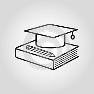 Education icon. Graduation cap, book and pencil symbol.