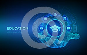 Education icon in hand. Innovative online e-learning and internet technology concept. Webinar, knowledge, online training courses