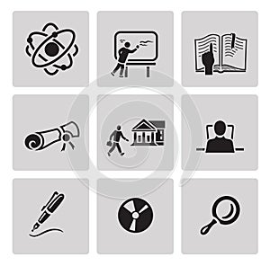 Education icon set. Black sign on gray background