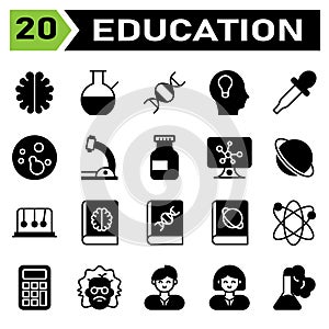 Education icon set include brain, mind, neuron, intelligence, science, glassware, beaker, laboratory, education, genetic, gene,