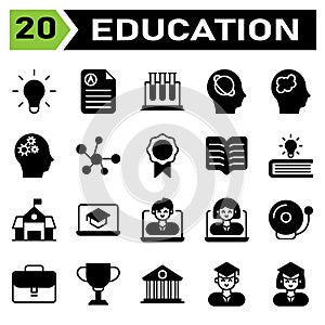 Education icon set include bulb, idea, light, genius, lamp, education, document, rapport, score, science, tube, test, biology,