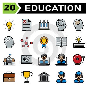 Education icon set include bulb, idea, light, genius, lamp, education, document, rapport, score, science, tube, test, biology,