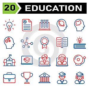 Education icon set include bulb, idea, light, genius, lamp, education, document, rapport, score, science, tube, test, biology,