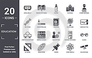 education icon set. include creative elements as digital display 30, student and books, school globe, users settings, solar system