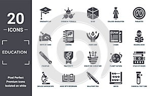 education icon set. include creative elements as graduate cap, parasites, exams, spacetime curvature, book with bookmark, fountain