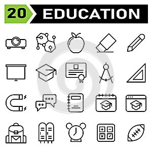 Education icon set include projector, projection, presentation, education, formula, study, science, school, apple, fruit, fruits,