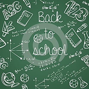 Education icons back to school green chalkboard seamless pattern