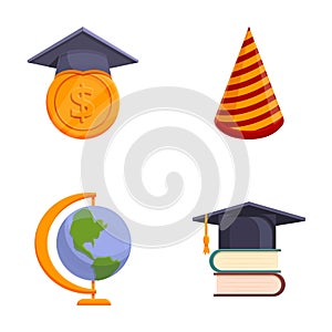 Education icons set cartoon vector. Graduation cap book and globe