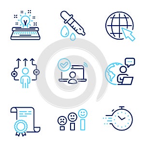 Education icons set. Included icon as Certificate, Online access, Chemistry pipette signs. Vector