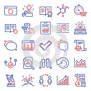 Education icons set. Included icon as Chemistry beaker, Tick, Analytics graph. Vector