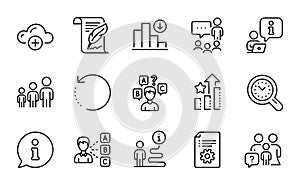 Education icons set. Included icon as Cloud computing, Recovery data, Technical documentation. Vector