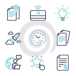 Education icons set. Included icon as Documents, Attachment, Startup rocket signs. Vector